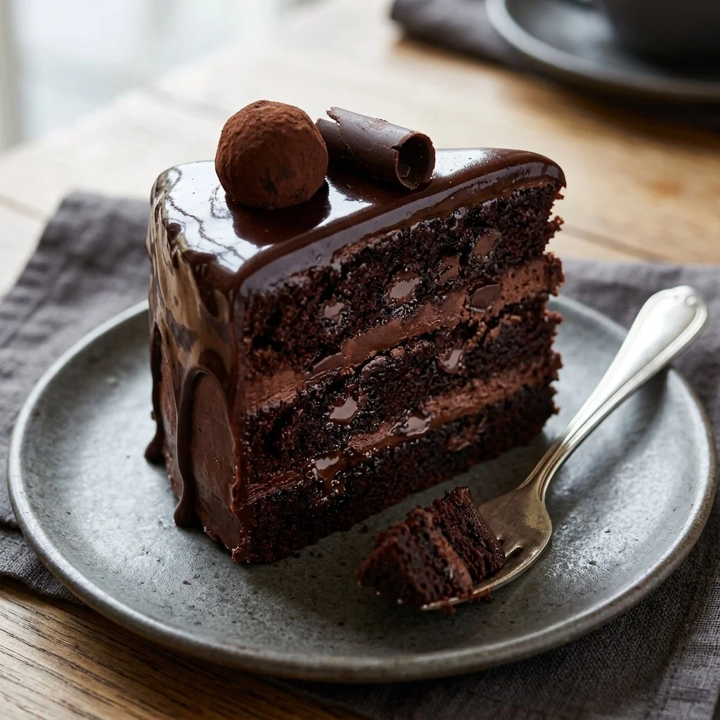 Delicious Death by Chocolate Cake topped with rich chocolate ganache