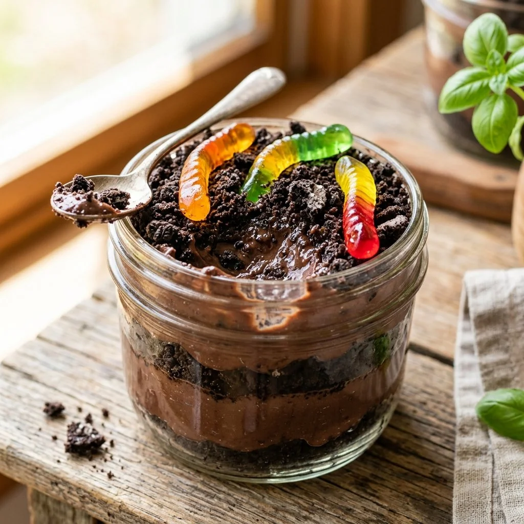 Delicious Dirt Cake made with chocolate pudding and crushed cookies