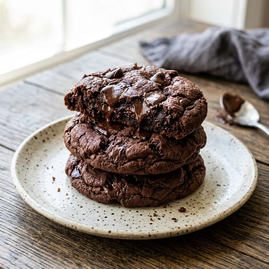 Delicious double chocolate cookies stacked on a plate, perfect for dessert.