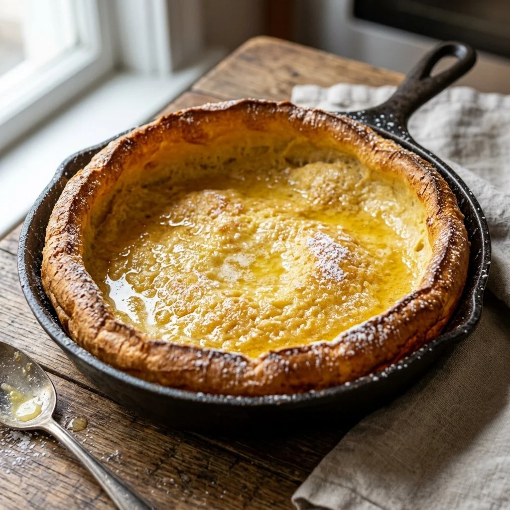 Fluffy Dutch Baby Pancake topped with powdered sugar and fresh fruit