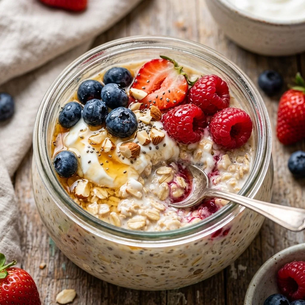 Bowl of easy overnight oats topped with fruits and nuts