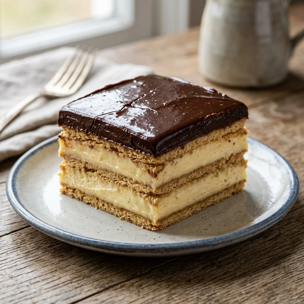 Delicious homemade Eclair Cake with layers of cream and chocolate icing