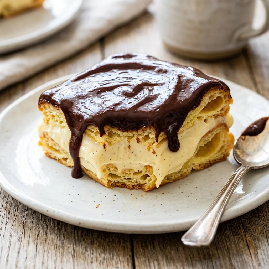 Delicious Eclair Cake with creamy layers and chocolate topping