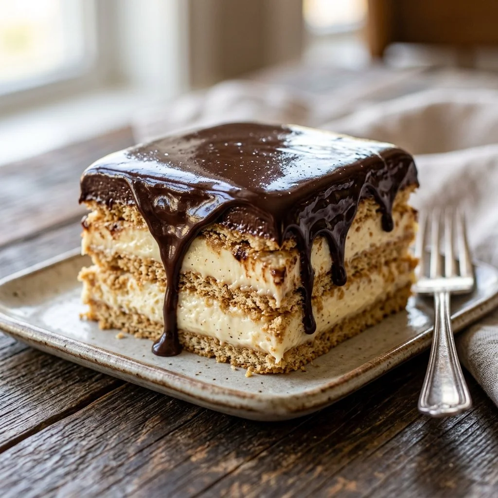Delicious homemade Eclair Cake topped with chocolate glaze and creamy filling.