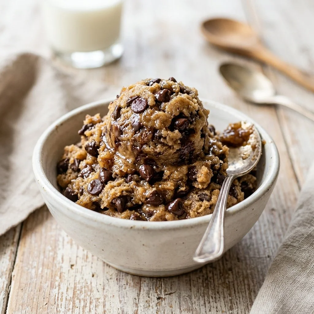 Bowl of creamy edible cookie dough ready to be enjoyed safely and deliciously.