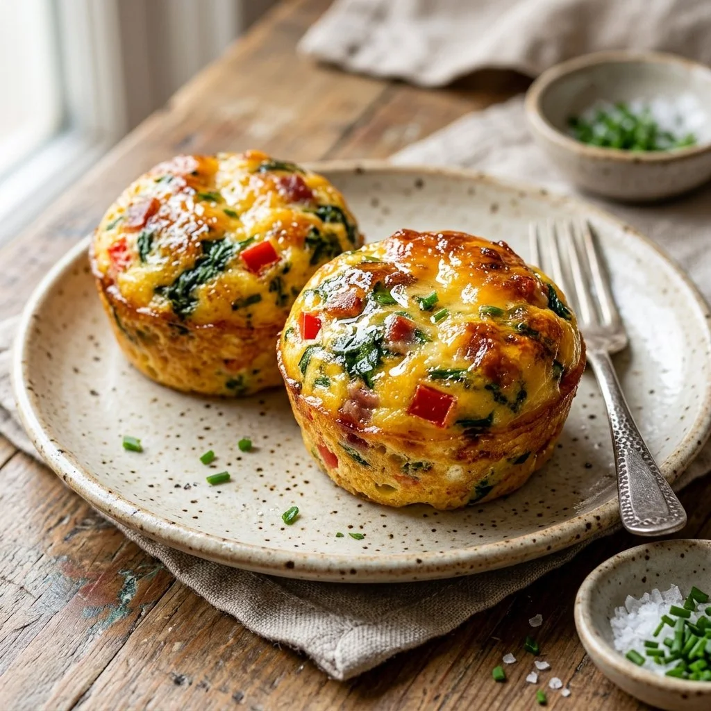Delicious homemade egg bites served on a plate with fresh herbs