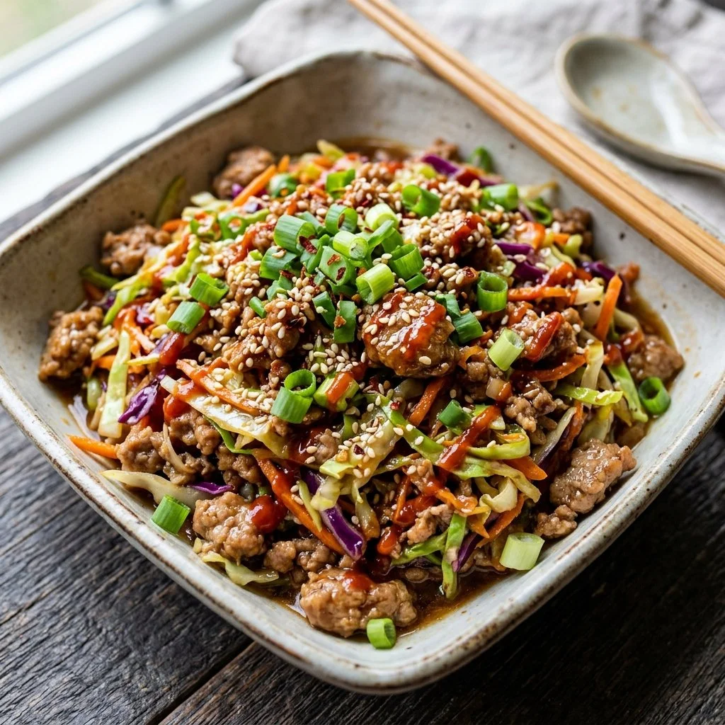 Delicious egg roll in a bowl served with vegetables and sauce