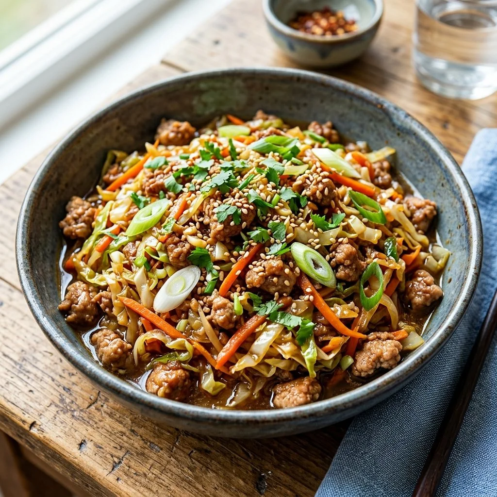 Delicious egg roll in a bowl with colorful vegetables and savory sauce