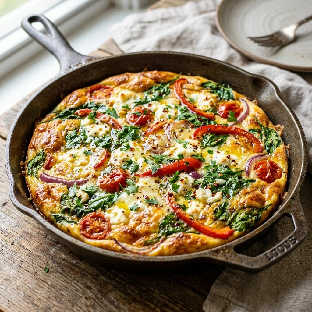 Delicious and healthy egg white frittata topped with vegetables