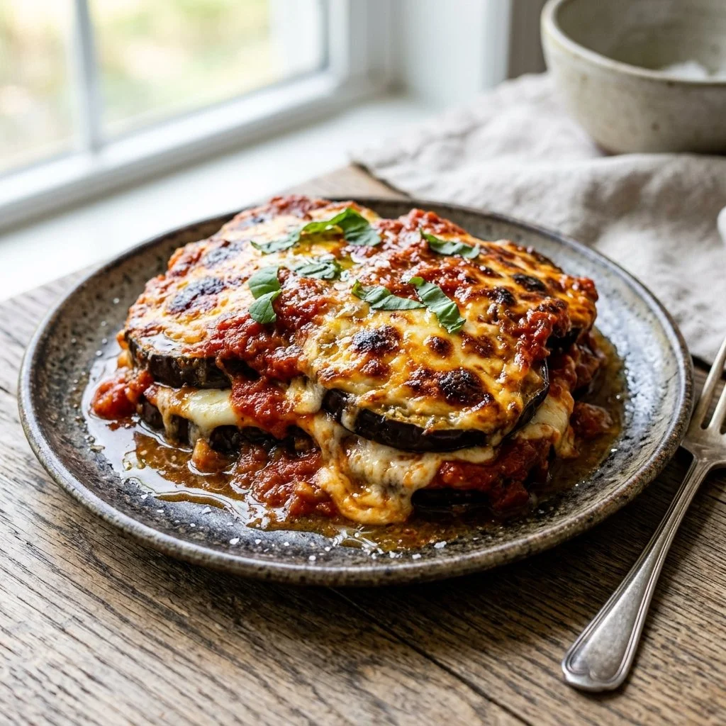 Deliciously baked Eggplant Parmesan with cheese and marinara sauce on a plate
