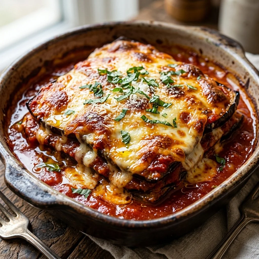 Delicious homemade Eggplant Parmesan with layers of cheese and marinara sauce