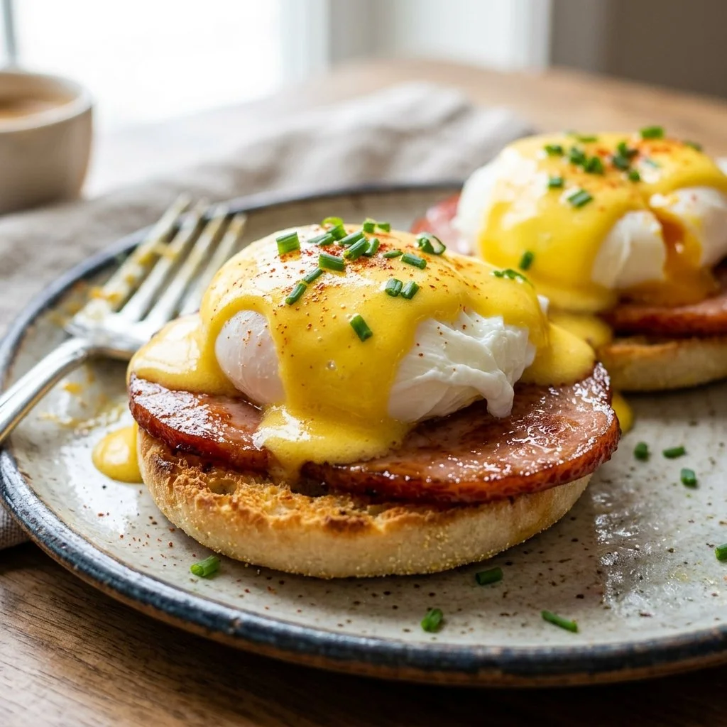Delicious plate of Eggs Benedict with poached eggs and hollandaise sauce