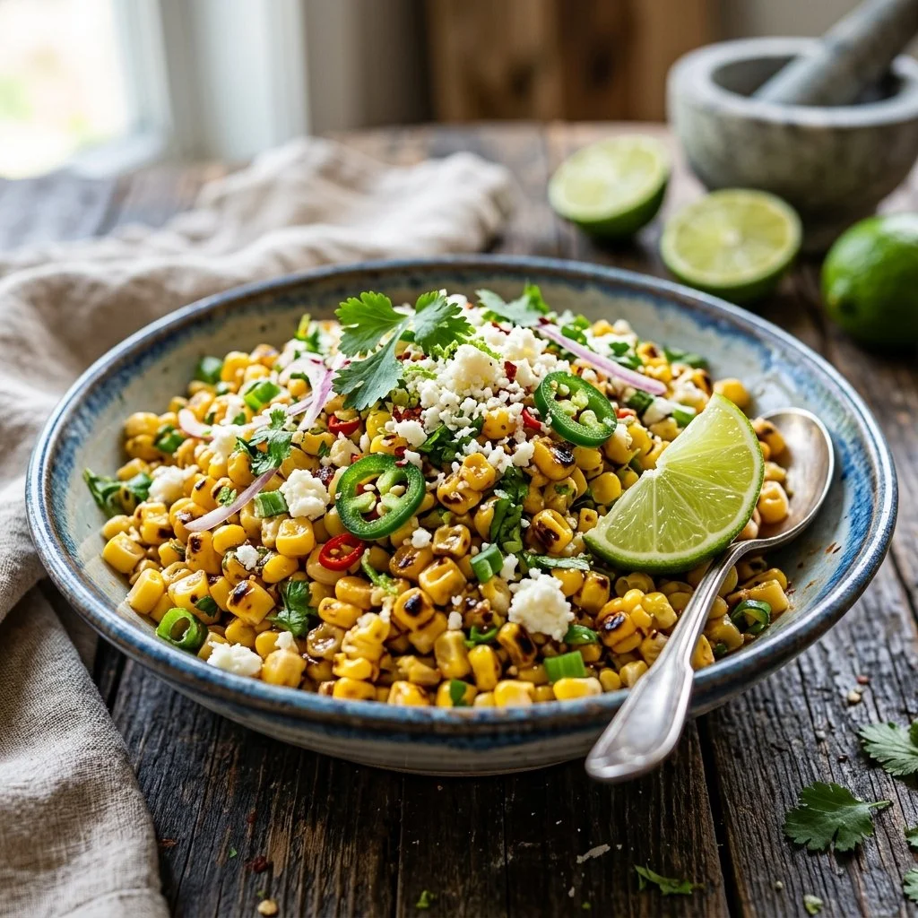 Delicious Elote Corn Salad in a vibrant bowl garnished with cilantro and cheese.