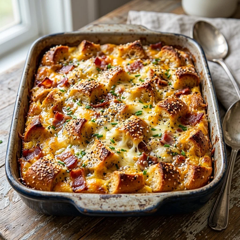Delicious Everything Bagel Casserole with cream cheese and herbs