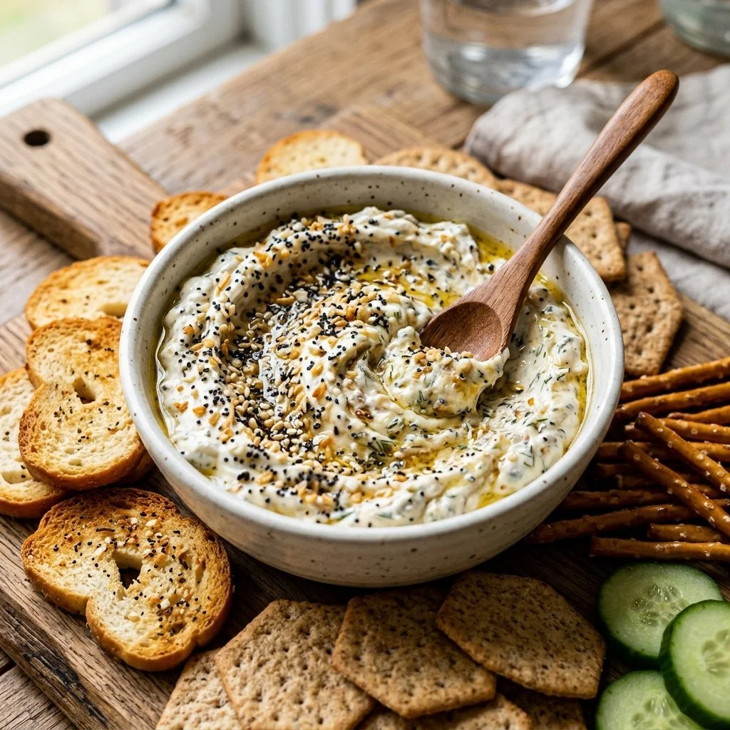 Delicious Everything Bagel Dip served with fresh veggies and crackers