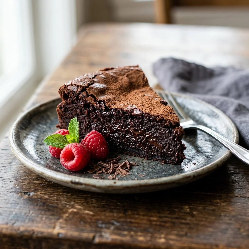 Decadent flourless chocolate cake topped with dark chocolate ganache