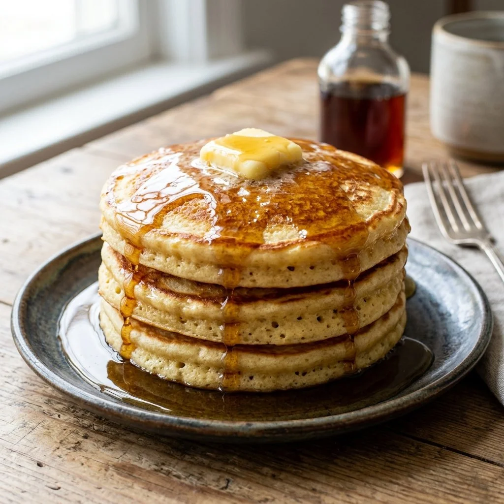 Stack of fluffy homemade pancakes with syrup and berries on a white plate.