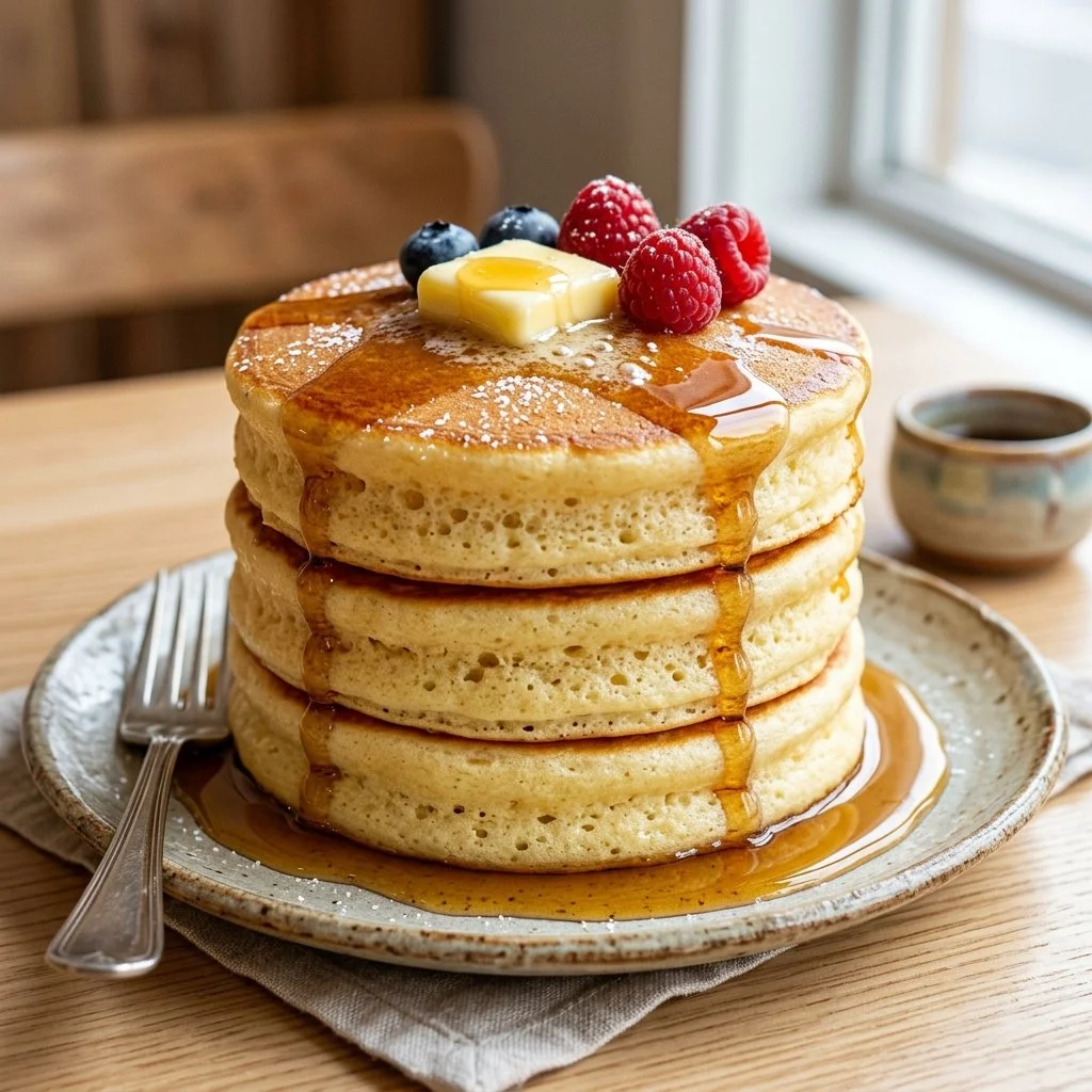 A stack of fluffy Japanese pancakes topped with fresh fruit and syrup