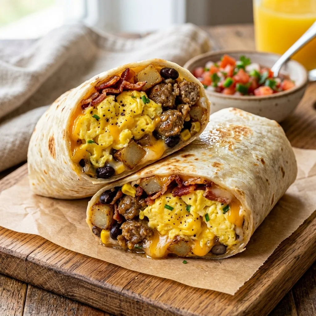 Prepared freezer breakfast burritos ready for meal prepping.