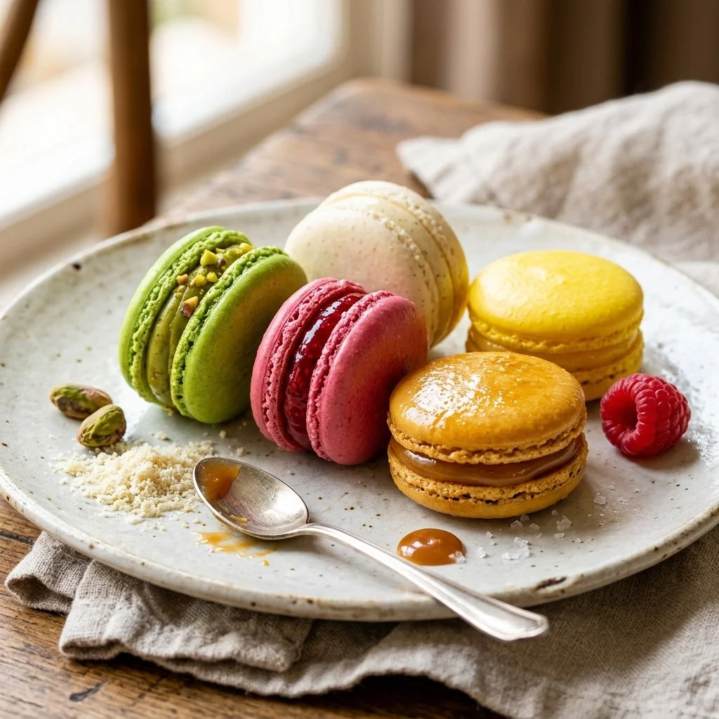 Colorful French macarons arranged on a plate, showcasing their delicate texture.