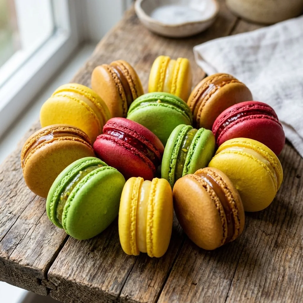 Assorted colorful French Macarons displayed on a white plate.