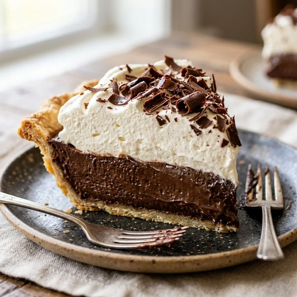 Delicious slice of French Silk Pie topped with whipped cream and chocolate shavings