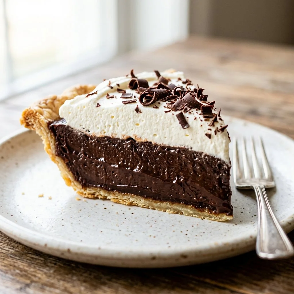 Delicious homemade French Silk Pie with chocolate filling and whipped cream topping