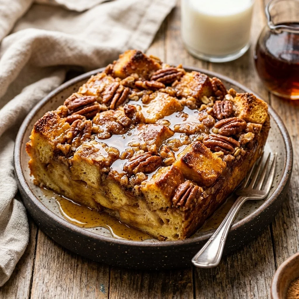 Delicious baked French Toast Casserole topped with syrup and berries