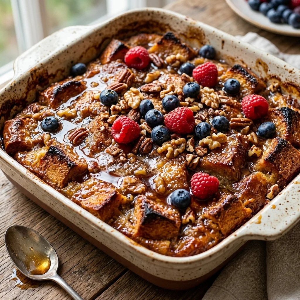 Delicious French Toast Casserole topped with syrup and berries. Perfect for brunch.