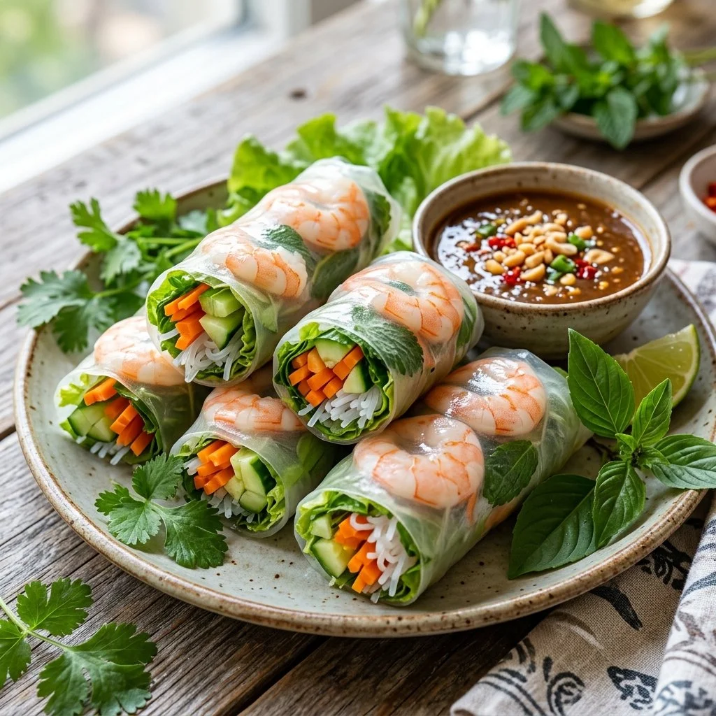 Colorful plate of fresh spring rolls filled with vegetables and herbs