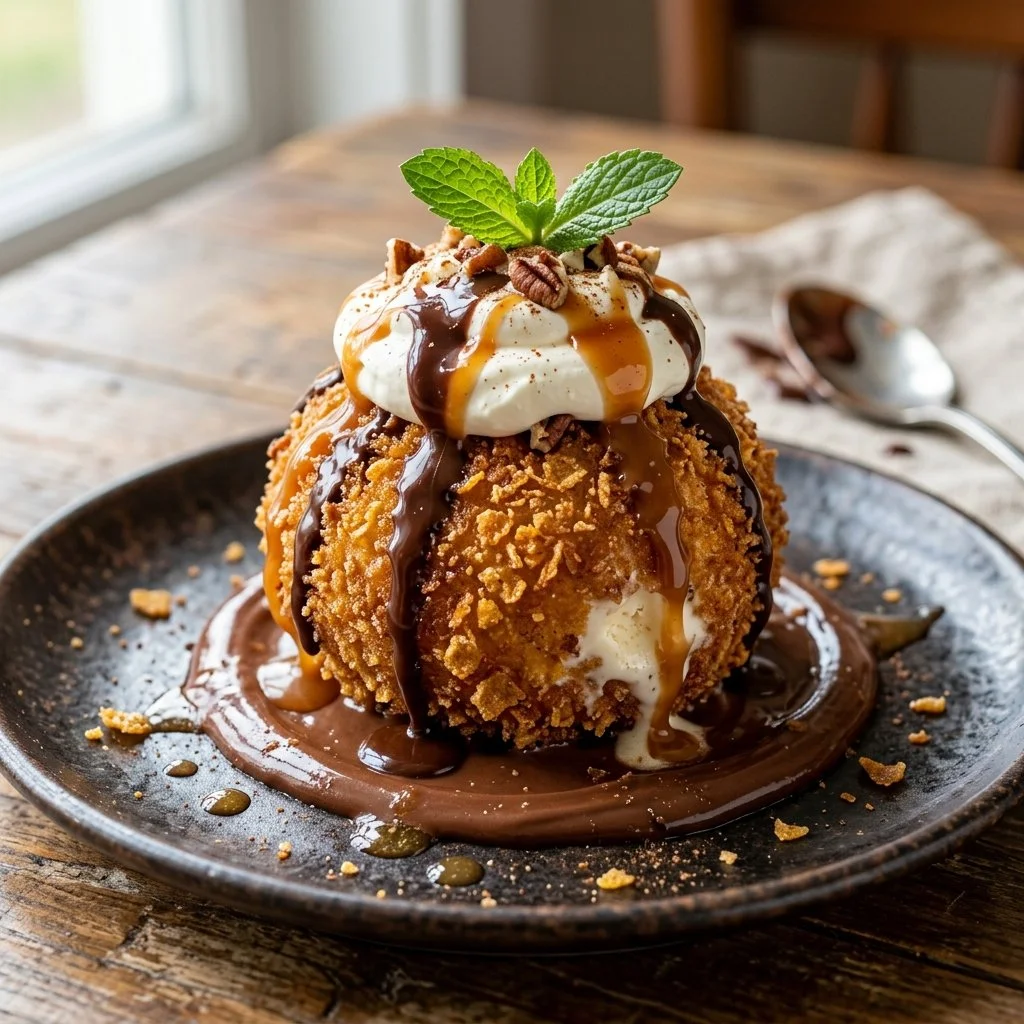 Deliciously crispy fried ice cream served in a bowl with toppings.