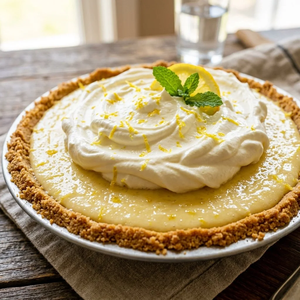 Delicious frozen lemonade pie topped with whipped cream and lemon zest