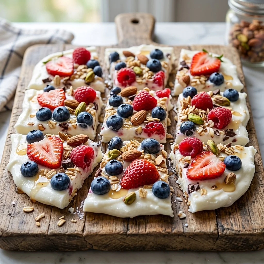 Delicious frozen yogurt bark topped with fruits and nuts