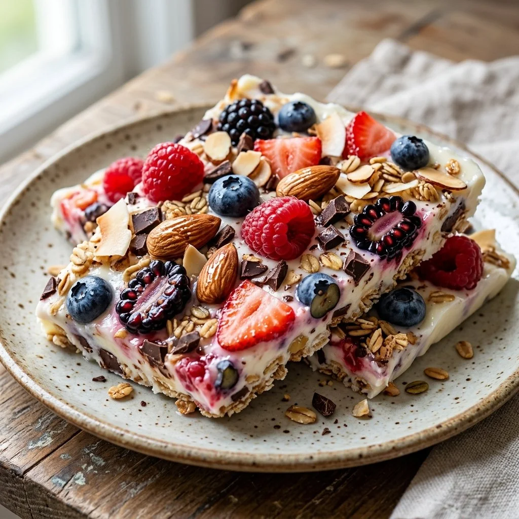 Delicious homemade frozen yogurt bark topped with fruits and nuts