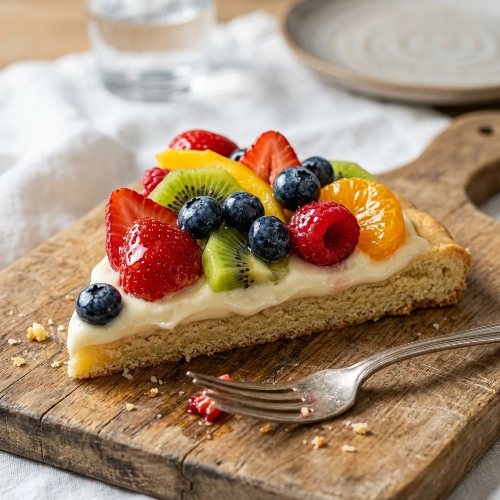 Colorful fruit pizza topped with strawberries, blueberries, and kiwis