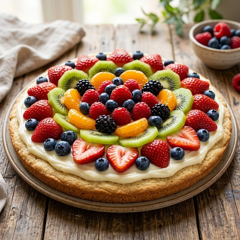 Vibrant fruit pizza topped with assorted fresh fruits and creamy frosting.