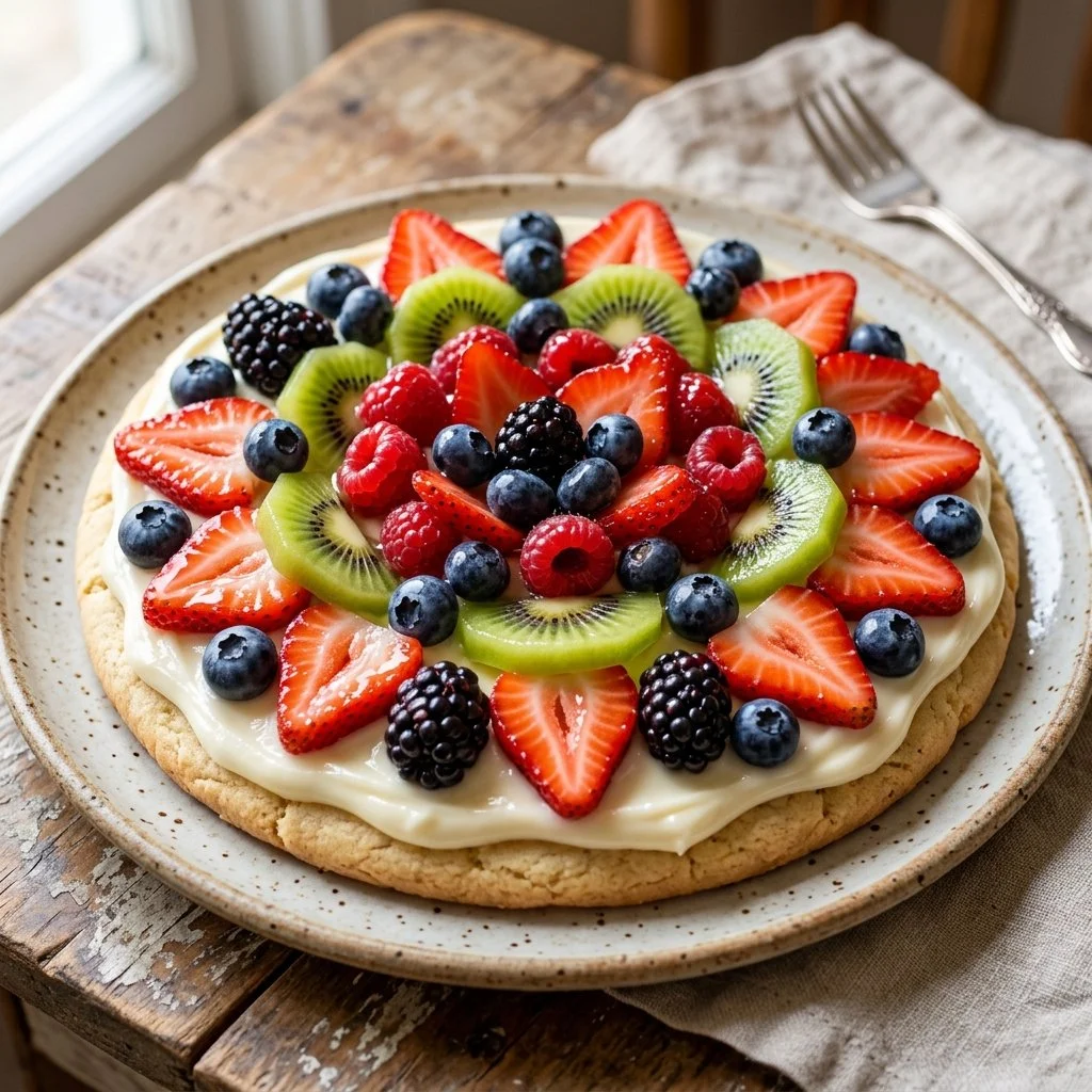 Colorful fruit pizza topped with strawberries, blueberries, and kiwi on a sweet crust.