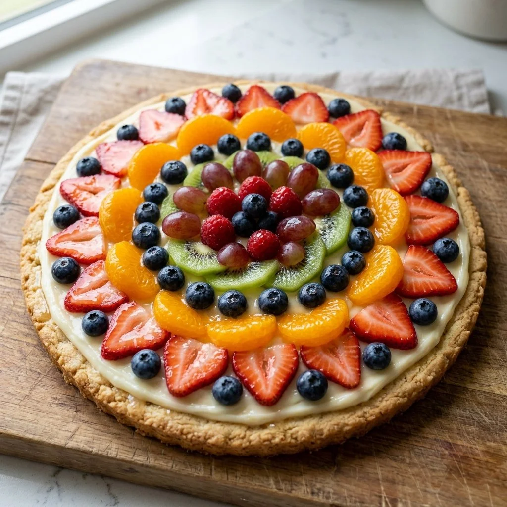 Colorful and delicious fruit pizza topped with fresh fruits