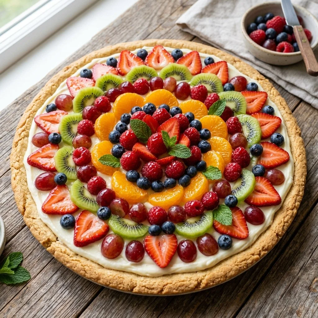 Colorful fruit pizza topped with fresh fruits and creamy frosting on a crust.