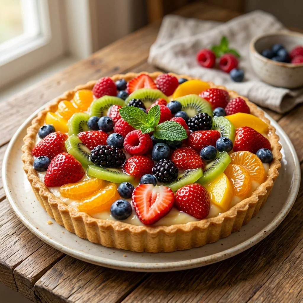 Delicious fruit tart topped with fresh, colorful fruits on a crisp pastry crust
