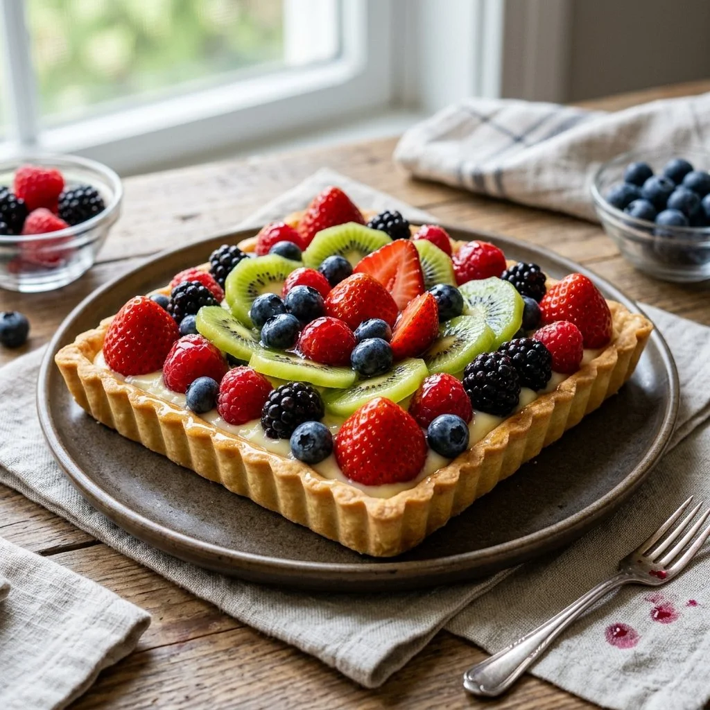 Delicious homemade fruit tart topped with fresh fruits and creamy filling