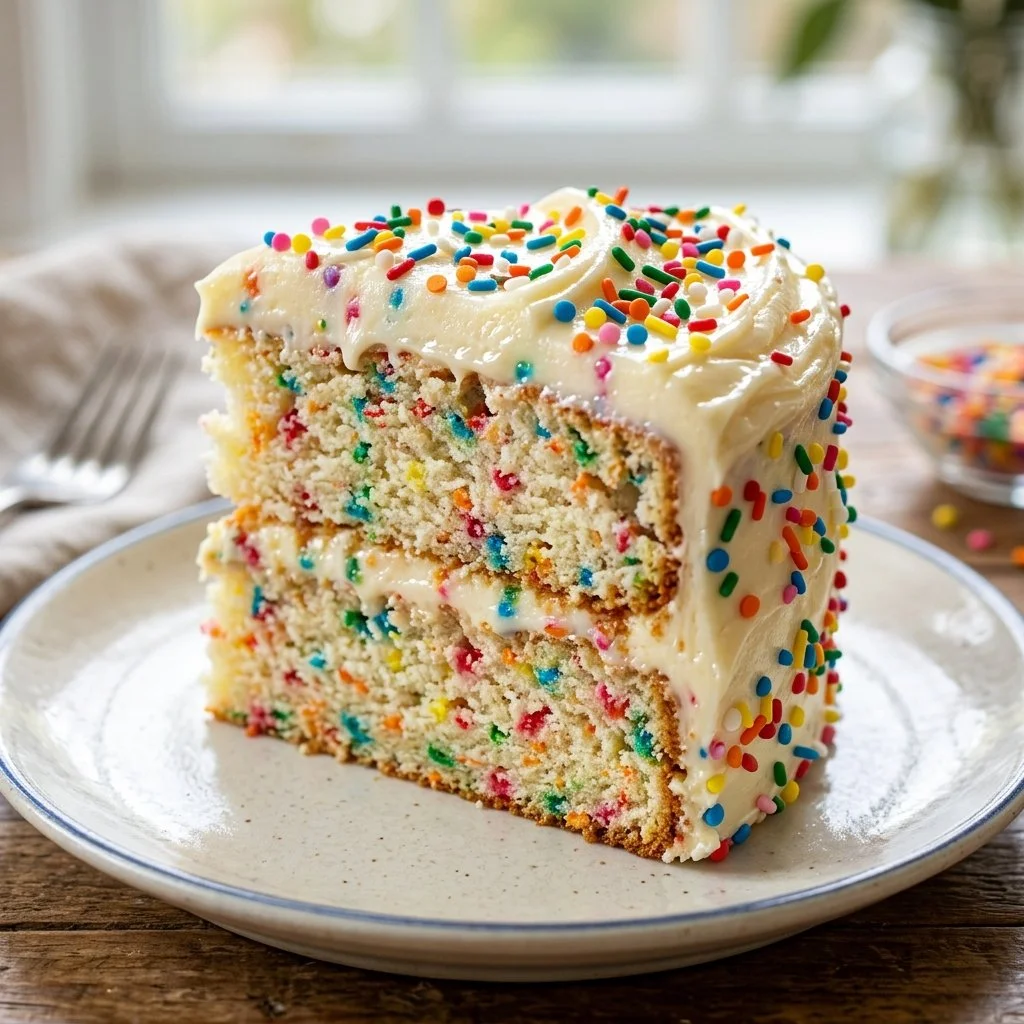 A festive Funfetti Cake topped with colorful sprinkles and frosting.