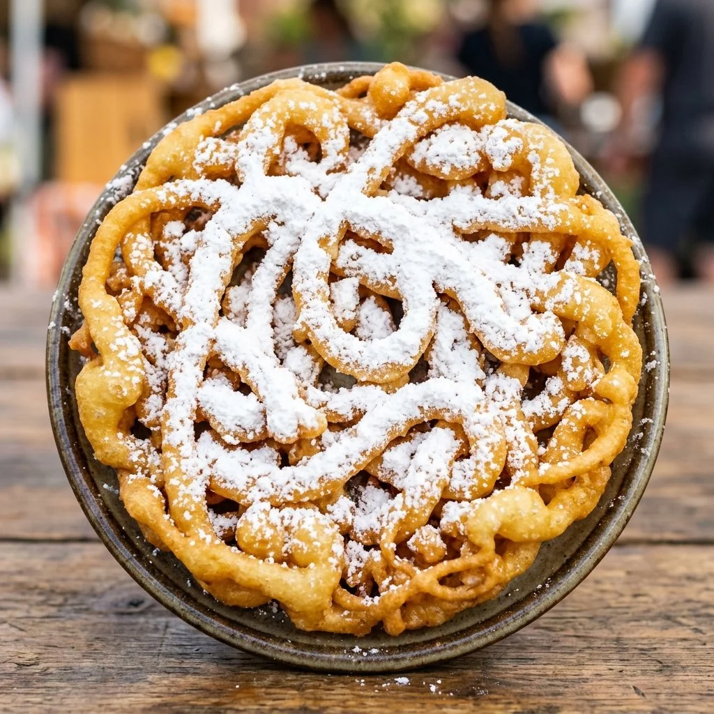 Golden brown funnel cake topped with powdered sugar