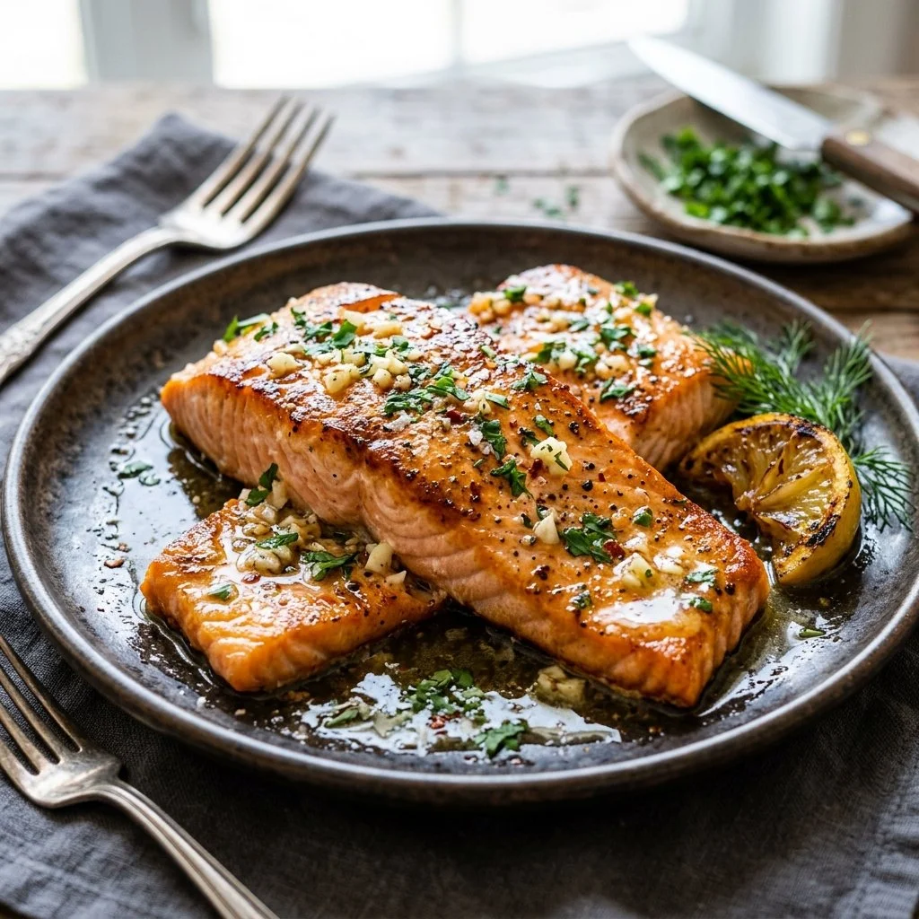 Garlic butter salmon served with lemon and parsley on a plate