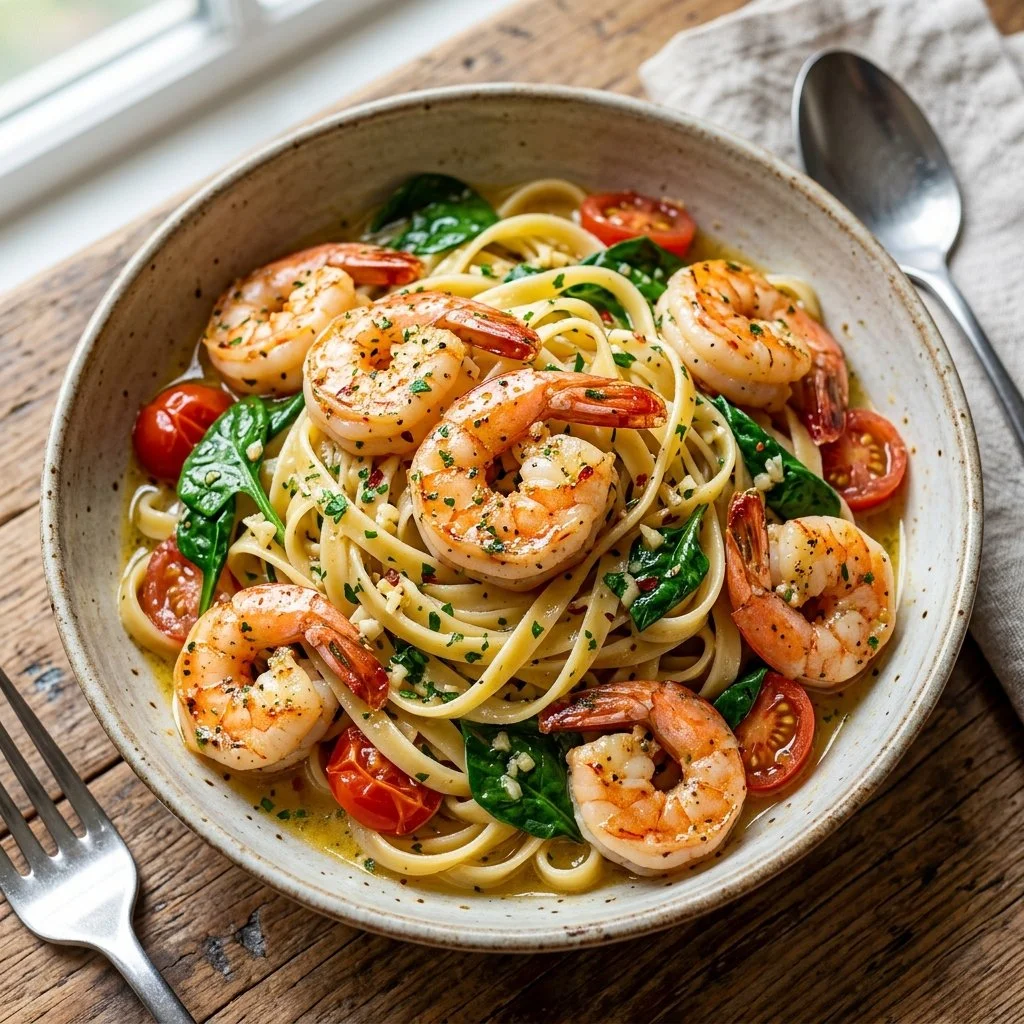 Delicious Garlic Butter Shrimp Pasta garnished with parsley and lemon slices