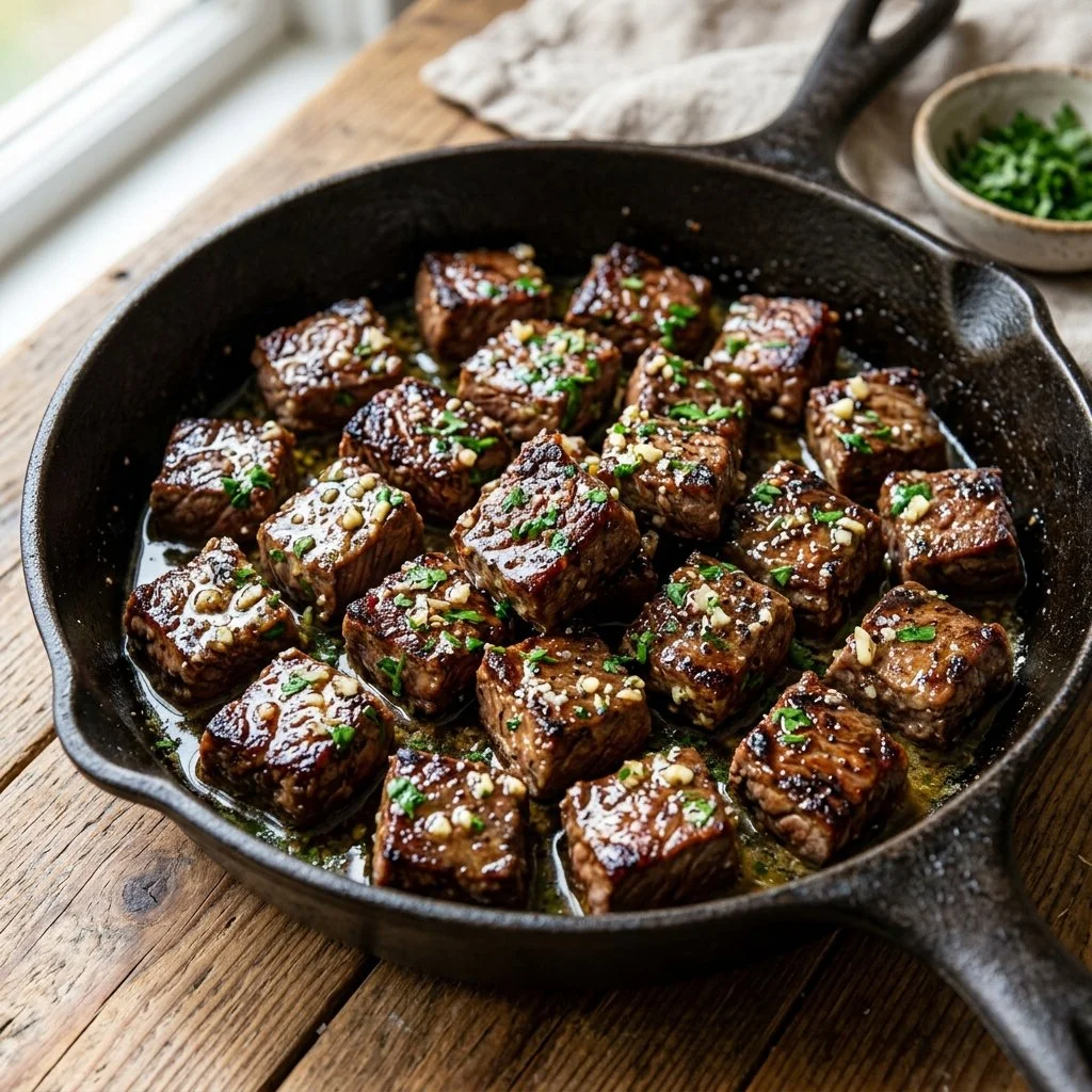 Delicious garlic butter steak bites served on a plate