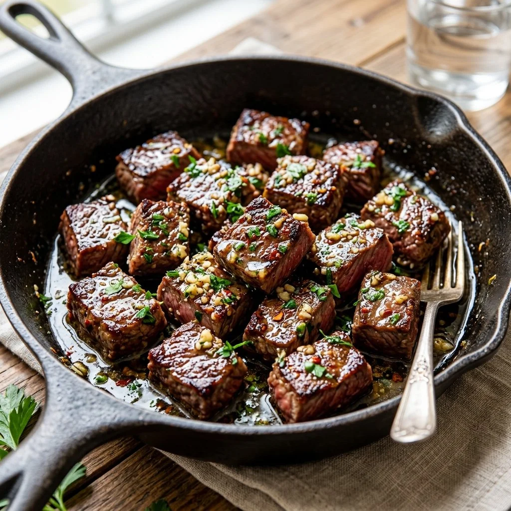 Garlic butter steak bites served in a skillet, garnished with herbs.
