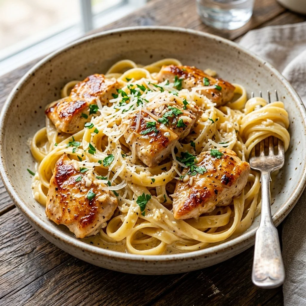 Delicious Garlic Parmesan Chicken Pasta served in a bowl garnished with herbs
