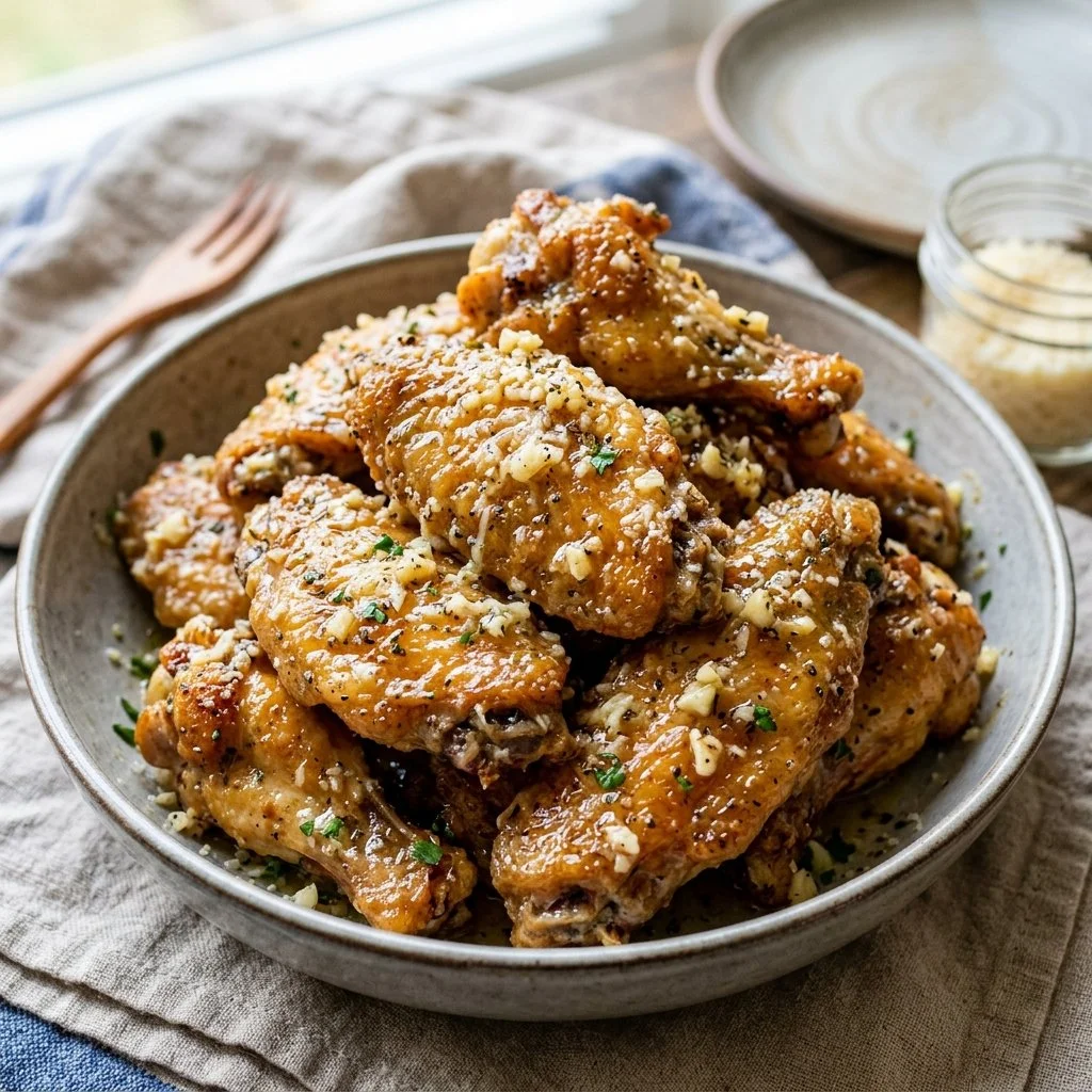 Delicious Garlic Parmesan Wings garnished with herbs on a plate