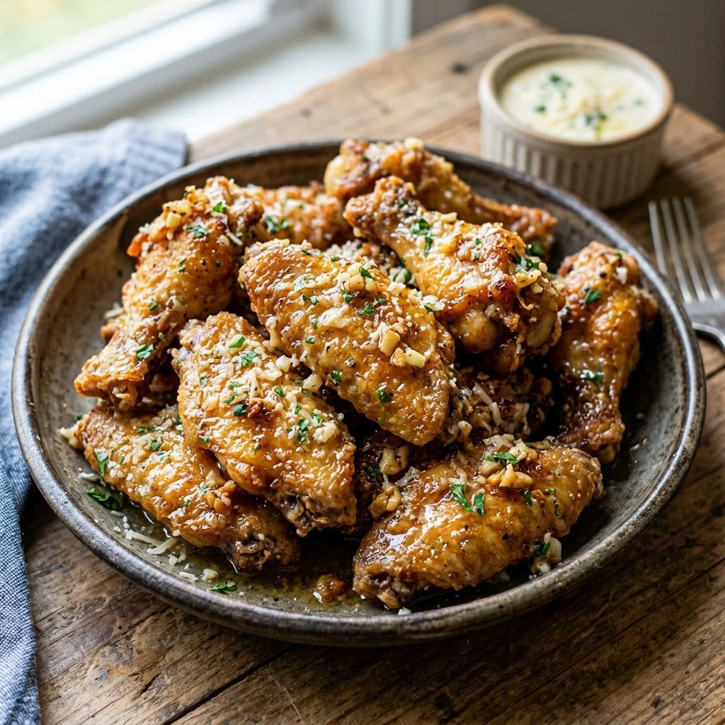 Crispy Garlic Parmesan Wings served on a platter